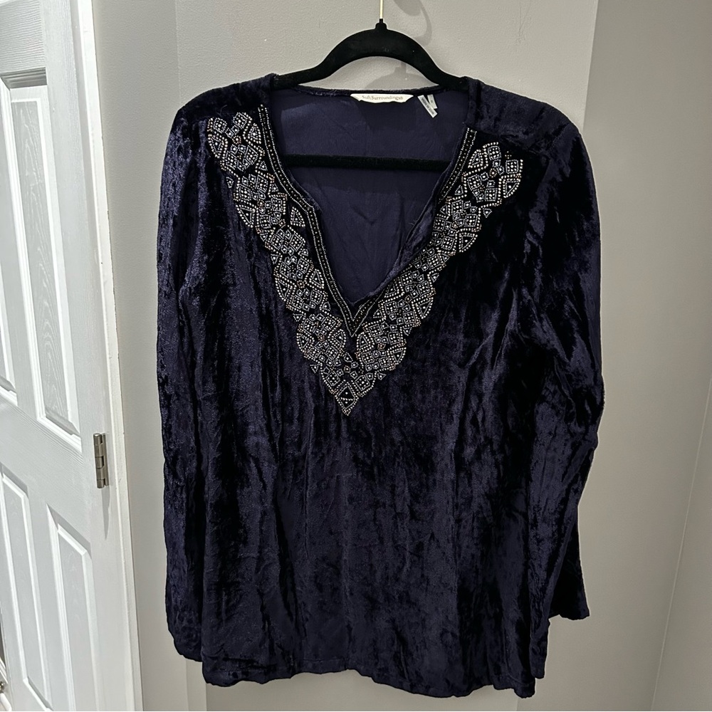 Soft Surroundings Blue Crushed Velvet Beaded Top-Sm